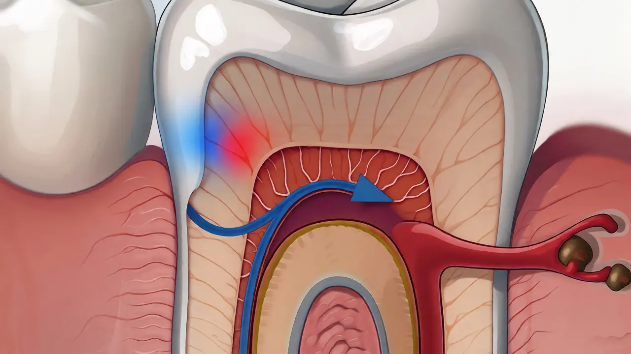 Řez zubem znázorňující odhalený dentin a riziko vniknutí bakterií k nervu.