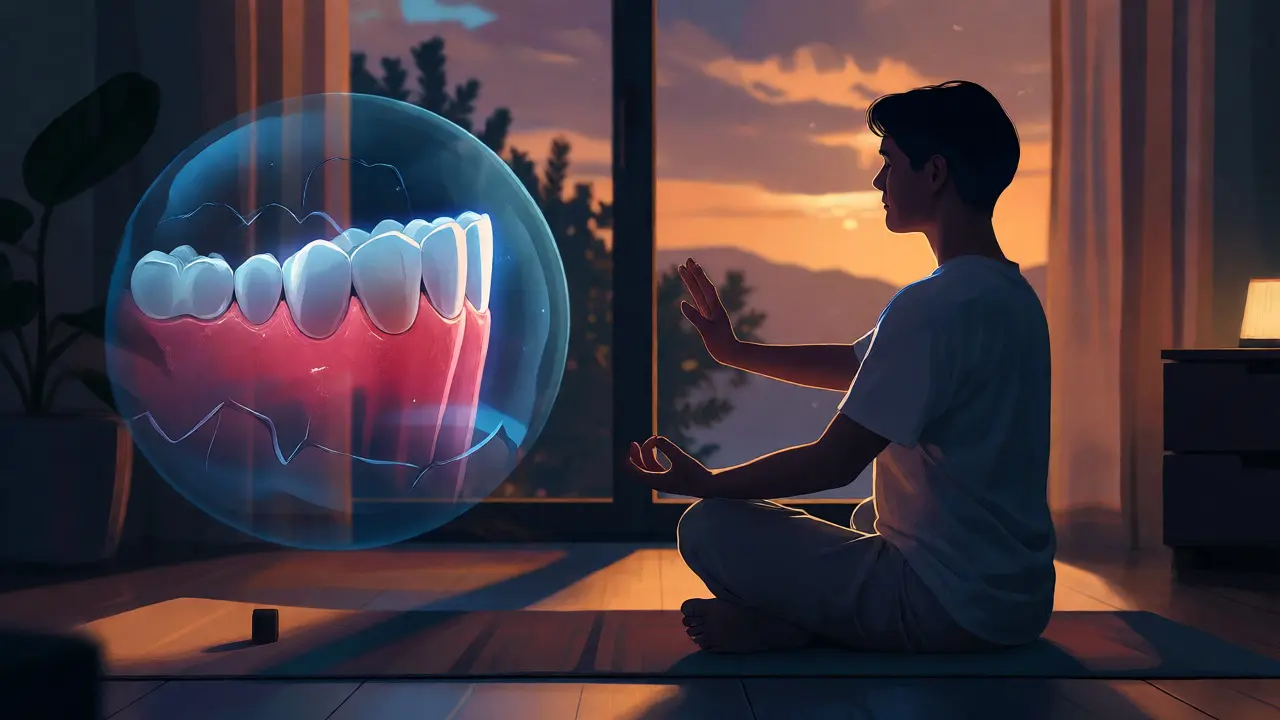 Večerní meditace a tai chi podpora regenerace dásní a prevence plaku během spánku.