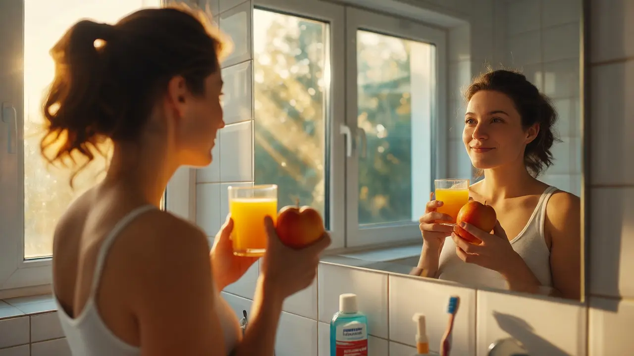 Žena s ovocem a sklenicí džusu u okna jako symbol detoxikace a ústní hygieny