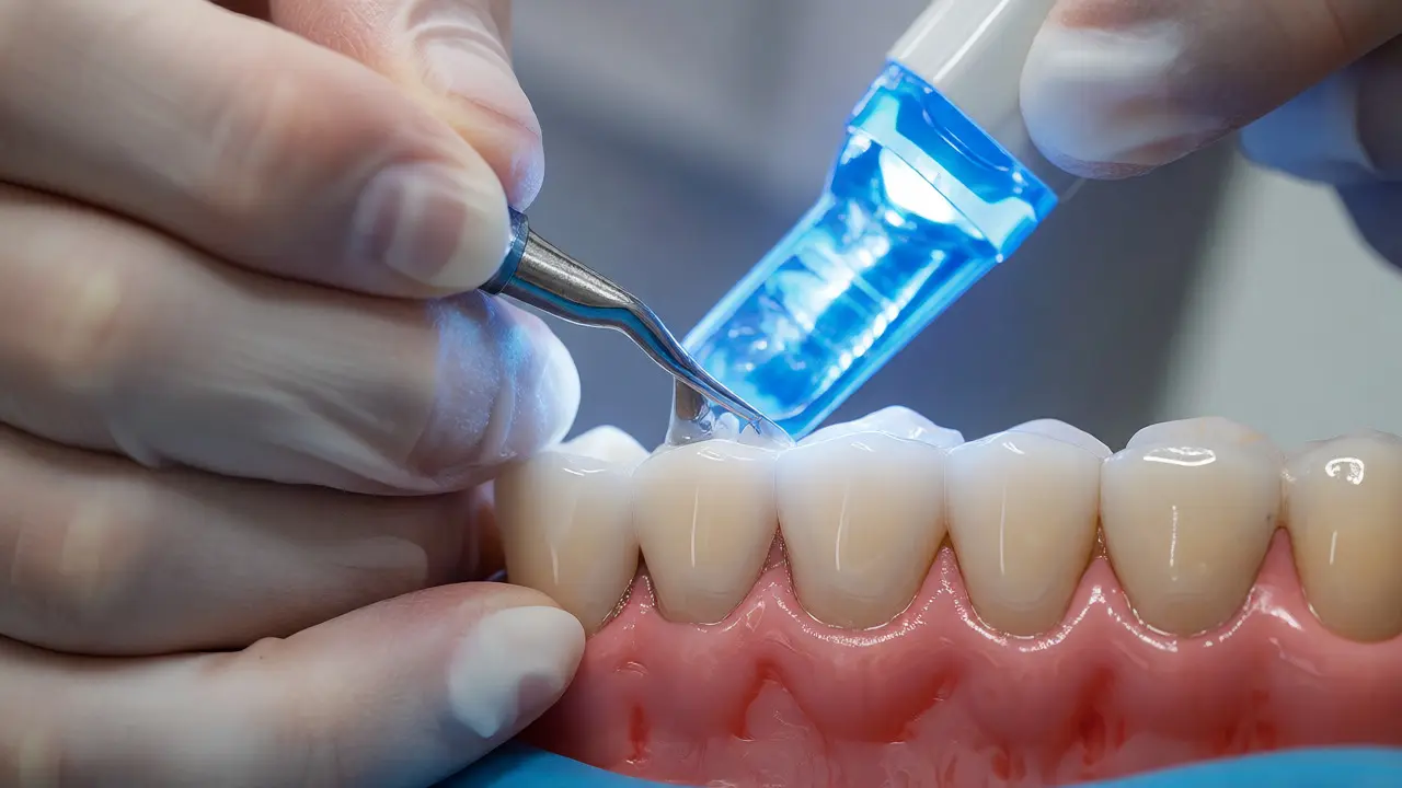 Zubař aplikuje kompozitní materiál na zub během precizního dentálního ošetření.