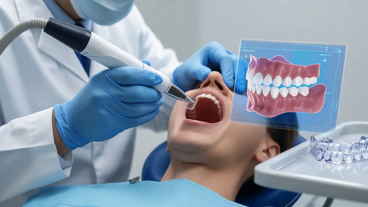 Zubní skenování úst a digitální 3D model čelisti pro plán léčby
